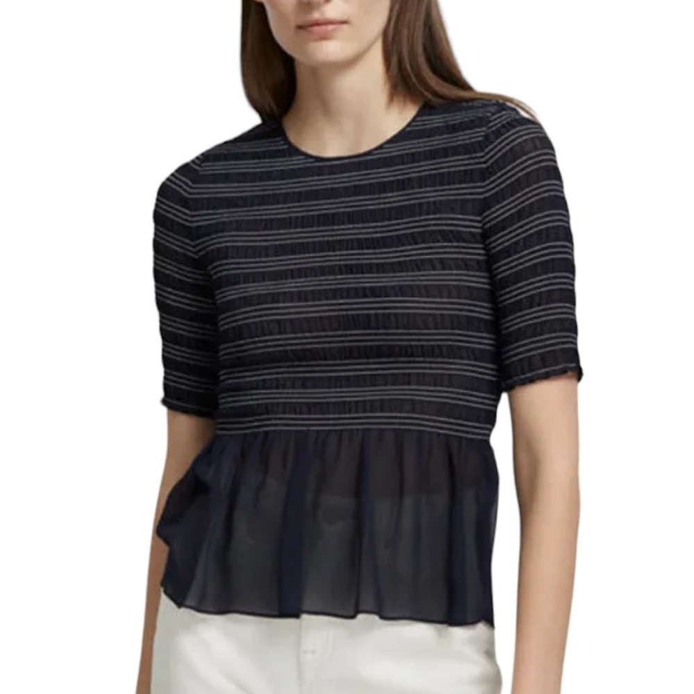 Club Monaco navy blue striped semi sheer peplum top Size XS excellent condition